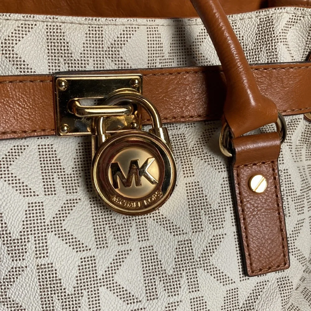 Michael Kors Beige Monogram Satchel with Tan Leather Trim